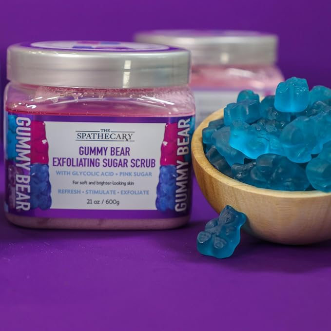 Gummy Bear Sugar Scrub - Exfoliating & Hydrating Body Scrub With Pink Sugar & Glycolic Acid To Help Smooth, Soft & Brighten For Radiant Skin, Body Care Exfoliator & Cleanser, 21 oz
