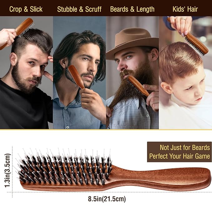 URTHEONE Boar Bristle Beard Brush,Hair Brush for Men,Mens Hair Brush for Thin hair and Beard,Slick Back Hairbrush with Natural Wood Handle, Cleaning Tool & Folding Scissors Included