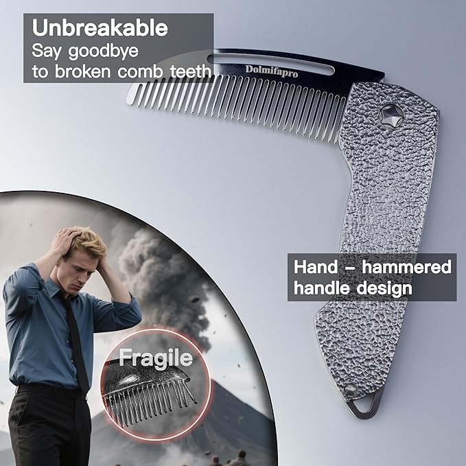 Small Folding Mustache Comb, Metal Beard Comb for men Pocket Mini Portable Fits In Keychain Anti-Static (Hammer Pattern)