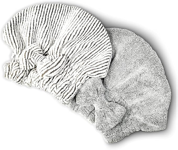 Microfiber Hair Towel Wrap, Soft Absorbent & Quick Drying Cap Set for Curly Thick Hair, Women & Girls - 2 Pcs (Stripe & Gray)