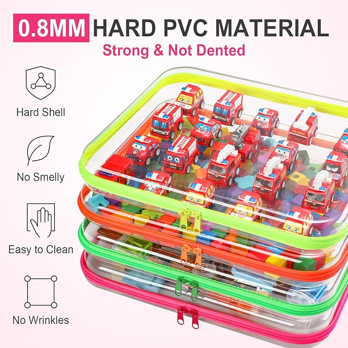 Hoolerry 4 Pcs Hard Clear Zipper Case Makeup Bags Plastic Zipper Pouch Transparent Storage Box Containers for Cosmetics, Snacks, Building Blocks, Puzzles(Clear,13.8 x 11.8 x 2 in,Fluorescent)