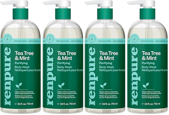 RENPURE Tea Tree & Mint Body Wash - Cleanses, Invigorates & Refreshes Skin Without Over-Drying - For All Skin Types - Tea Tree Leaf Oil, Spearmint Leaf Oil - 24 Fl Oz each,2 Count (Pack of 2)