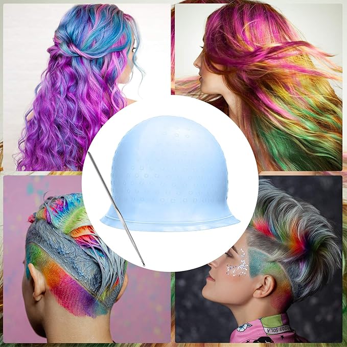 3 Pieces Reusable Silicone Hair Staining Cap Multicolor Hair Coloring Dye Cap with Metal Hook Silicone Hair Coloring Cap for Home Salon Hairdressing Tools (Blue, White, Purple)