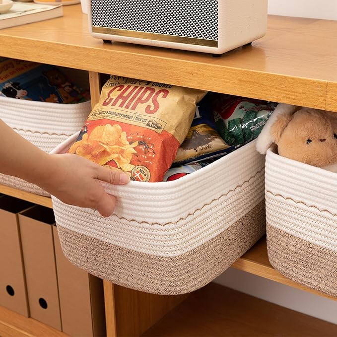 4 Pack Storage Baskets for Organizing, 15.75''x11.8''x7.87'', Decorative Cotton Rope Baskets for Shelves, Small Woven Basket for Toys, Books and Towels, Brown&White