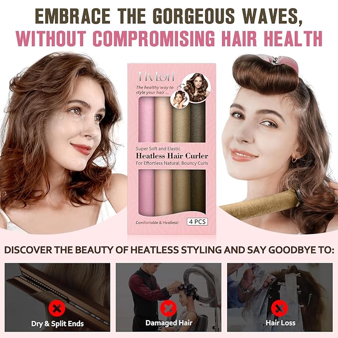 Heatless Curls Overnight, 4 Pcs No Heat Curling Blowout Rod, Satin Blowout Look Heatless Hair Rollers, Soft Flexi Rods for Big Curls to Sleep In (03 multicolored)
