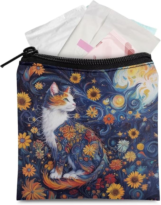 Cat Floral Print Sanitary Napkin Storage Bags Waterproof Period Bags Convenient Storage Organizer for Women