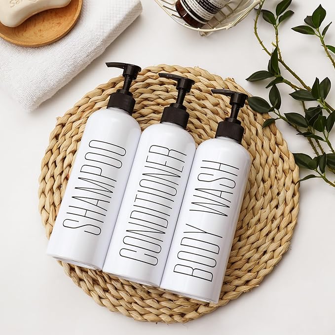 HOMCDALY Shampoo and Conditioner Dispenser, 16oz 3-Pack Refillable Pump Bottles, Shampoo Conditioner Body Wash Dispensers Bottles, Bathroom Shampoo Dispenser Set(White