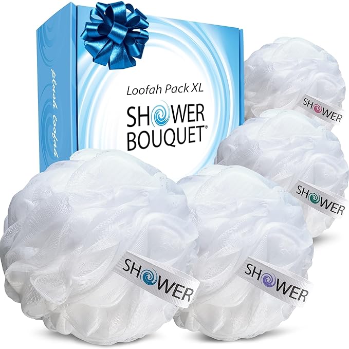 SHOWER BOUQUET Loofah Soft-White-Cloud XL Bath-Sponge 4-Pack // Extra Large 75g Mesh Loofa Lufa Pouf Set for Men and Women - Exfoliate with Big Gentle Cleanse Scrubber in Beauty Bathing Accessories