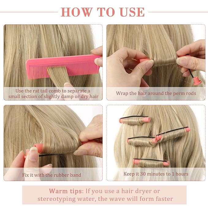 Chuangdi 24 Pcs Hair Perm Rods Plastic Cold Wave Perming Curlers Hair Rollers with Steel Pintail Comb Rat Tail Comb Tools for Hairdressing Styling(Pink,0.51 Inches)