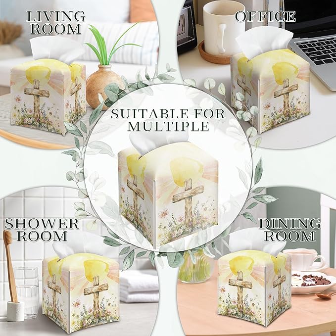 Cross and Wildflowers Tissue Box Cover Square, Religious Easter Waterproof Leather Tissue Box Holder, Cross Paper Facial Tissue Box Covers Cube for Officce Bathroom Home Prayer Room
