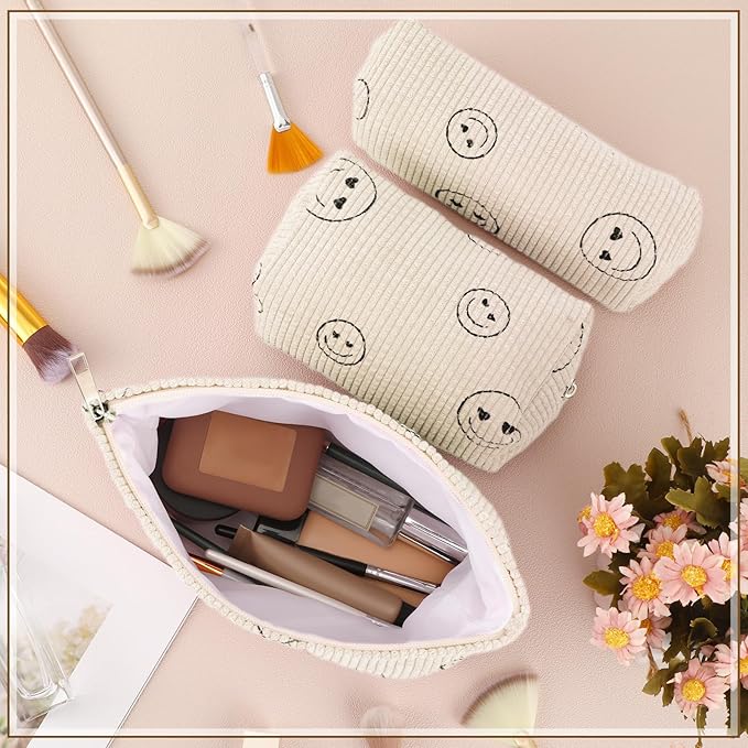 3 Pcs Makeup Bag Set for Women Corduroy Cosmetic Pouch Aesthetic Smile Travel Toiletry Bag Cute Purse Pouch Pencil Case Makeup Brushes Storage Organizer with Zipper(Beige,Smile Face)