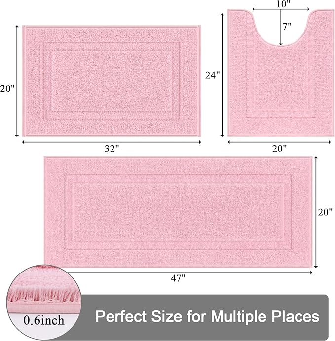 SHACOS Pink Bathroom Rugs Sets 3 Piece, 20"x47" + 20"x32" Non Slip Bath Mat and 20"x24" Toilet Rugs U Shaped Washable, Soft Fluffy Water Absorbent Bathroom Floor Mat
