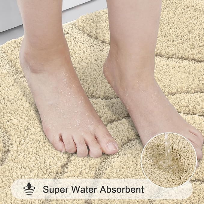 HEBE Bathroom Rugs Sets 5 Piece, Soft Absorbent Microfiber Bath Mat for Bathroom, Non Slip Washable Bath Rug Set with Toilet Cover, Bath Runner and U-Shaped Contour Toilet Rug, Beige