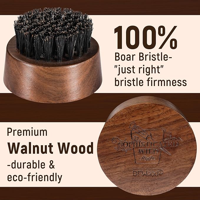 BFWood Beard Brush for Men - Boar Bristles Small and Round - Black Walnut Wood