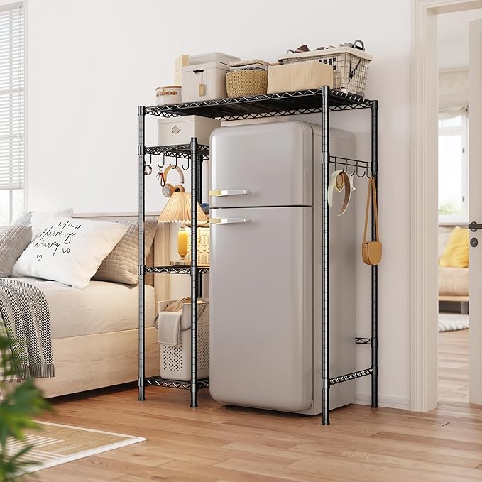 REIBII Mini Fridge Cabinet with Storage Shelves,4 Tier Space-Saving Dorm Room Mini Fridge Stand,Adjustable Utility Microwave Stand Storage Education Shelf for Dorm Kitchen,38.1Wx18.11Dx52.36H