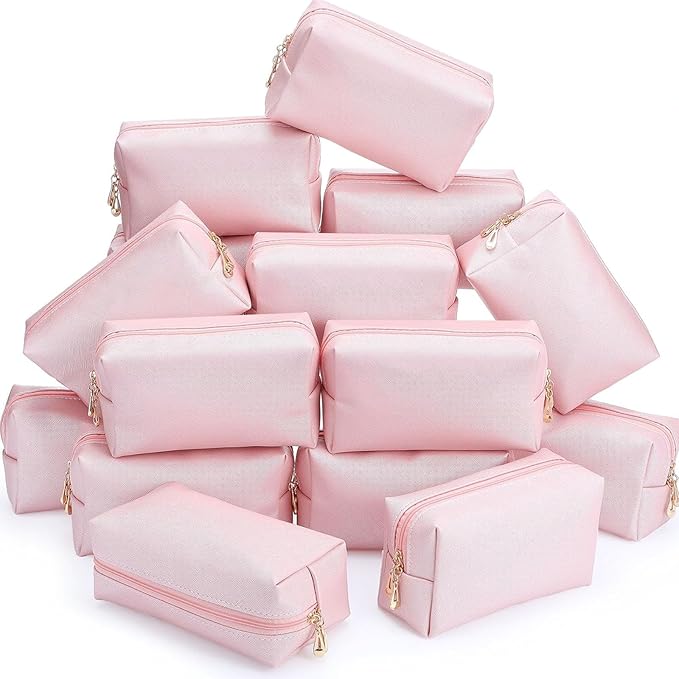 Kigeli 15 Pcs Aesthetic Makeup Bags PU Leather Cosmetic Pouches Waterproof Plain Toiletry Bags Makeup Pouches Bulk for Women Party Gift Travel Storage Organizer(Rose Gold)