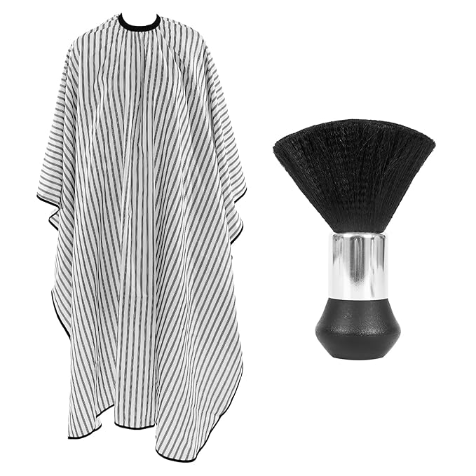 Professional Hair Cutting Cape with Neck Duster Brush, Large Size Salon Barber Cape for Men, Women and Kids(White with Five-line Stripe)