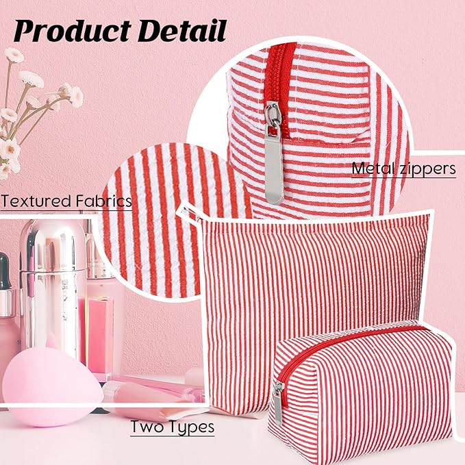 2 Pcs Makeup Bag Set Cute Cosmetic Pouch for Women Seersucker Travel Toiletry Bag Preppy Small Makeup Purse Pouch Aesthetic Skincare Brushes Storage Organizer for Valentine Women(Red)