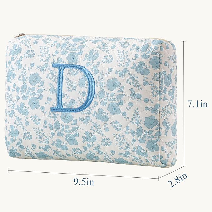 HBselect Initial Quilted Makeup Bag, Cotton Large Travel Makeup Bag, Cute Floral Coquette Make up Bag Cosmetic Bag Toiletry Bag for Women Girls D