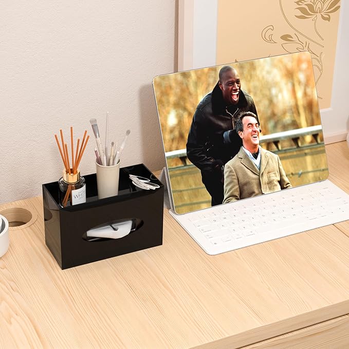 Black Acrylic Tissue Box Cover Rectangular,Acrylic Tissue Dispenser with Storage Tray for Bathroom Kitchen Home Office (Black, 9.85x4.5x6.3)