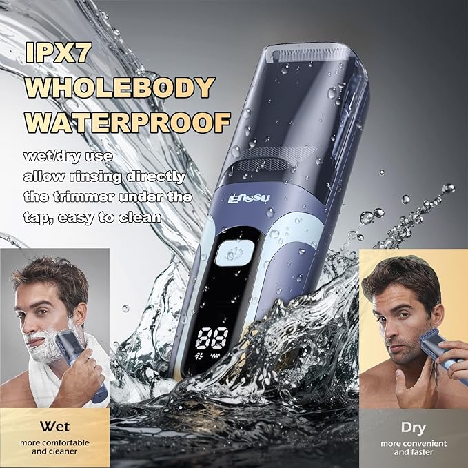 Beard Trimmer for men, Vacuum Mustache Trimmer with Type-C Charging, IPX7 Waterproof Electric Shaver Body Hair Trimmer for Men with LCD Display, Length Adjustable Blade Wheel (1/25"-4/5") (Blue)