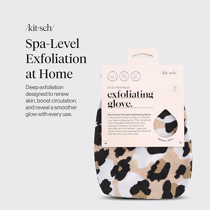 Kitsch Exfoliating Glove 1pc – Korean Exfoliating Mitt & Deep Exfoliating Body Scrubber for Shower, Bath | Body Exfoliator Glove, Dead Skin Remover | Skin Care for Smooth Skin - Leopard