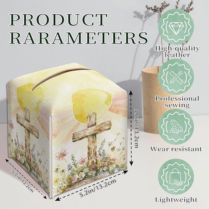 Cross and Wildflowers Tissue Box Cover Square, Religious Easter Waterproof Leather Tissue Box Holder, Cross Paper Facial Tissue Box Covers Cube for Officce Bathroom Home Prayer Room