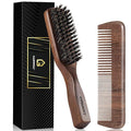 GAINWELL Mens Hair Brush Beard Comb Set, Slick Back Boar Bristle Hair Brush with Stiff Bristles for Thick Hair, Natural Black Walnut Gold Sandalwood Handle, Beard Mustache Brushes Comb Kit