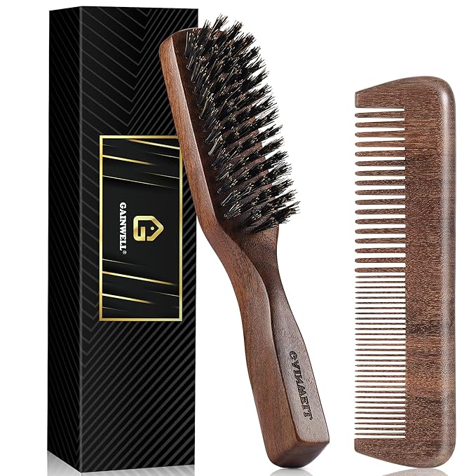 GAINWELL Mens Hair Brush Beard Comb Set, Slick Back Boar Bristle Hair Brush with Stiff Bristles for Thick Hair, Natural Black Walnut Gold Sandalwood Handle, Beard Mustache Brushes Comb Kit