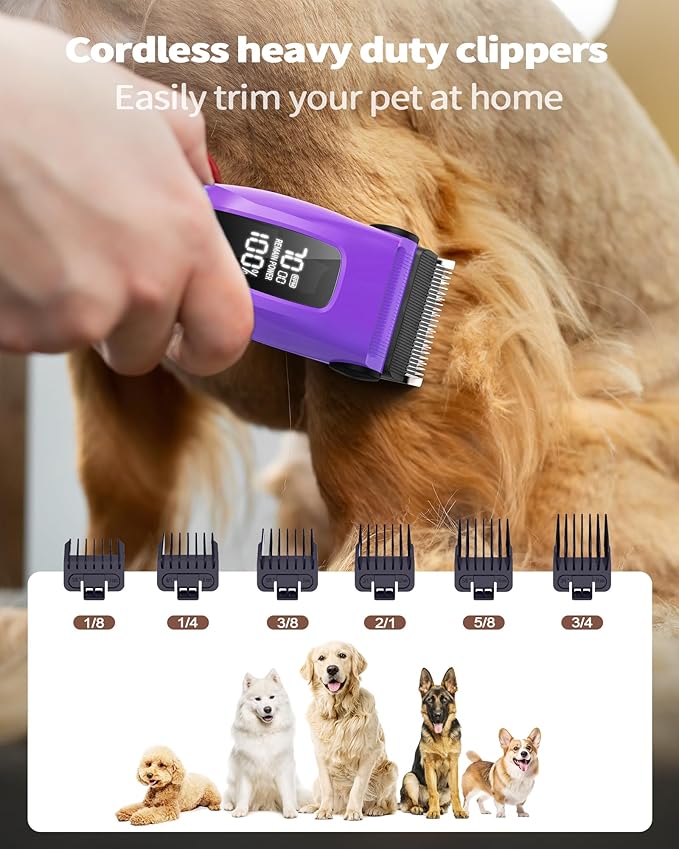 Dog & Cat Grooming Kit for Thick Coats, Heavy Duty Rechargeable Trimmer with LED Display & Storage Bag (Purple, 2 in 1)