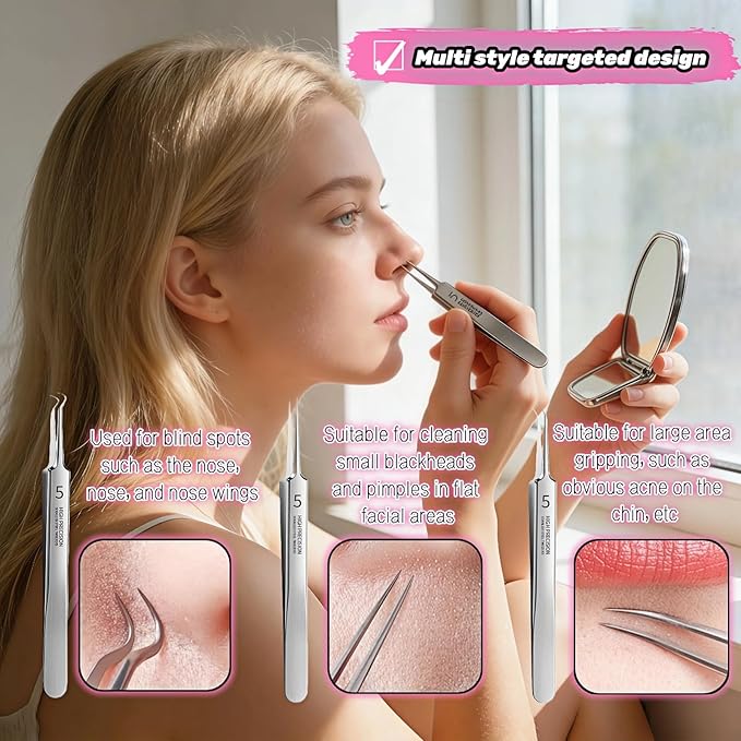 Professional Blackhead Remover Tweezers Set, Stainless Steel Pimple Extractor Tool Kit with Straight, Angled and Curved Tips, 3 Piece Set with Storage Case