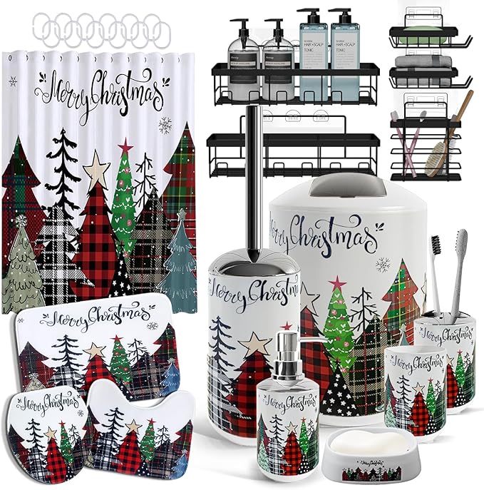 Clara Clark Bathroom Accessories Set - Christmas Shower Curtain Set, 27PC Xmas Bathroom Set with Adhesive Corner Shower Caddy Hanging, Christmas Bathroom Sets with Shower Curtain and Rugs