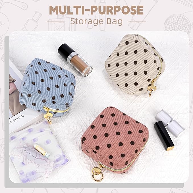 Period Bag for Teen Girls, Corduroy Cute Sanitary Napkin Storage Bag, Menstrual Pad PouchesTampon Holder for Purse (Pink-Polka Dot)