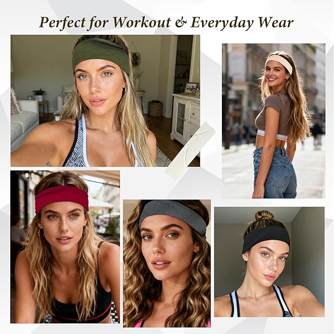Headbands for Women Non-Slip Workout Hair Bands, 6 Pack Stretchy Athletic Soft Sweatbands, Elastic Cloth Fabric Headband, Fashion Head Bands for Yoga Running Sports Gym Sports Exercise