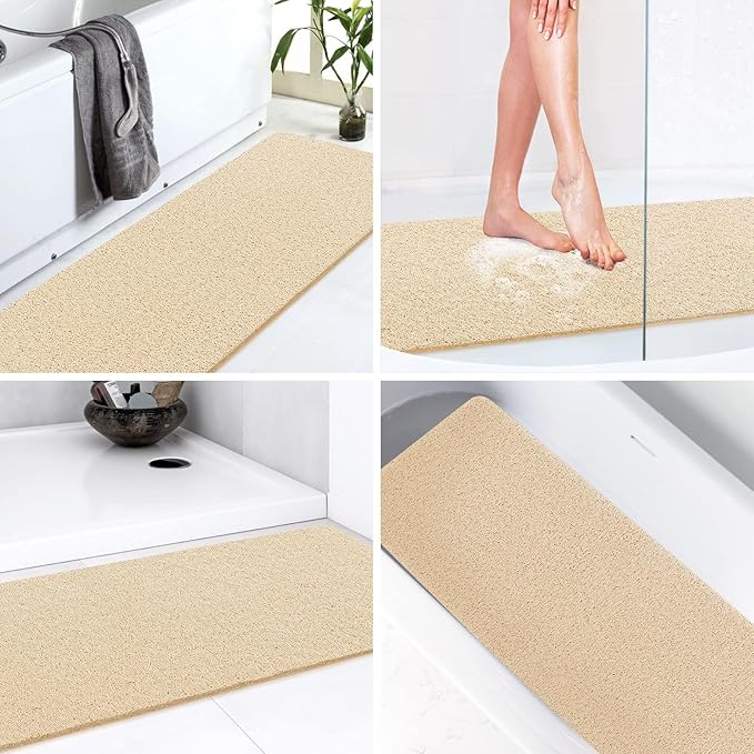 LuxStep Shower Mat Bathtub Mat,47x16 inch, Non-Slip Bath Mat with Drain, Quick Drying PVC Loofah Bathmat for Tub,Shower,Bathroom (Phthalate Free,Khaki)