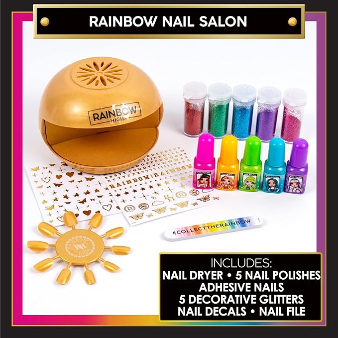 Rainbow High Rainbow Nail Salon by Horizon Group USA, Includes 5 Nail Polishes, Nail Stickers, Stick-On Nails, Glitter & Nail Dryer, Nail Art Kit for Girls Ages 7-12