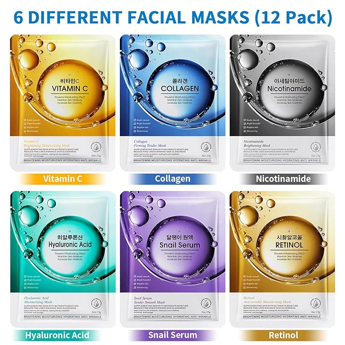 12 Pack Sheet Face Masks Skincare, Collagen Face Mask Hyaluronic Acid Hydrating Face Sheet Masks, Vitamin C Face Masks for All Skin Types, Moisturizing, Brightening, Anti-Aging, Easter Gifts for Women