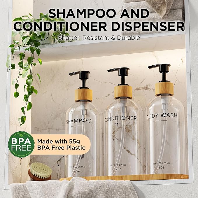 Shampoo and Conditioner Dispenser Set,Shower Soap Dispenser for Bathroom,Refillable Shampoo and Conditioner Bottles with Bamboo Pump and Tray,Soap Dispenser Bathroom for Shower (Transparent, 3-Pack)