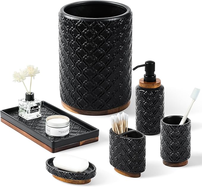 Elegant Bathroom Accessories Set 6 PCS Ceramic and Wood Bathroom Accessory Set Soap Dispenser Toothbrush Holder Tumbler Soap Dish Tray Trash Can Easy to Clean Quatrefoil Pattern Black