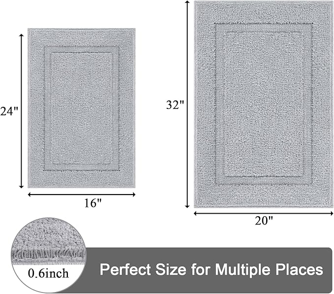 SHACOS Super Soft Bathroom Rugs Set of 2 Pieces 20x32 + 16x24 inch Non Slip Washable Bath Rugs Absorbent Bath Mats Microfiber Plush Rug for Bathroom Shower Tub, Light Grey