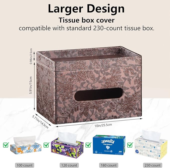 Fanousy Large Tissue Box Cover Rectangle with Tray on Top, PU Leather Facial Tissue Holder with Storage, Fits 230-Count Family Size Kleenex, Modern Nightstand Organizer for Bathroom Office Home Decor