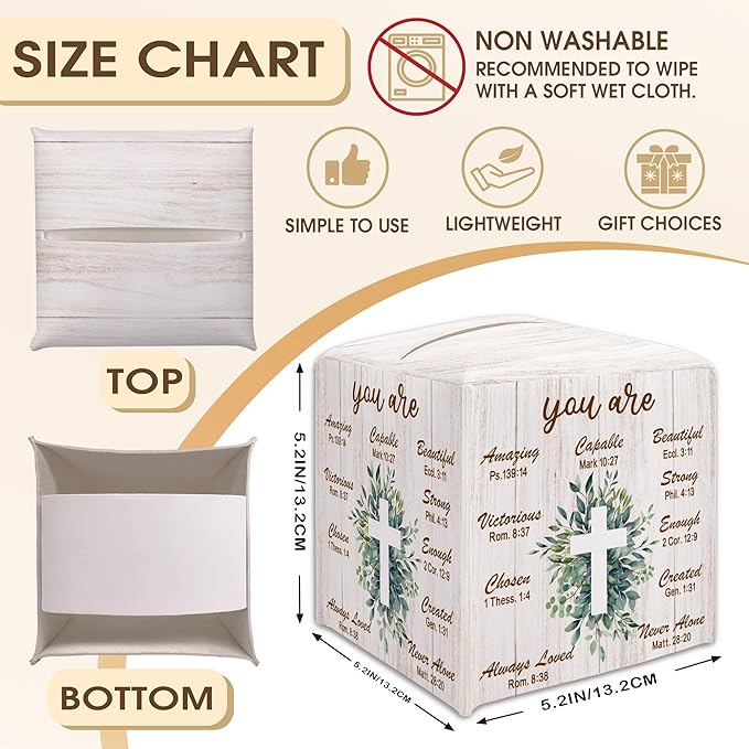 Bible Verse Decorative Tissue Box Cover Square, Leaves Tissue Box Cover Holder, Religious Faith Gift Ideas for Family Friends, Home Dining Table Decor-(5.2 Inches) A02