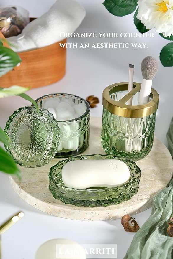 4pcs Glass Bathroom Accessories Set, Clear Green Bathroom Soap Dispenser Set, Toothbrush Holder, Soap Dish, Soap Dispenser, Qtips Holder Set for Crystal Vintage Bath Decor (Green)