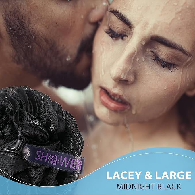 Loofah-Bath-Sponge Hot-Lacey-Mesh // 4-Sexy-Lace-Colors by Shower Bouquet / 2-Scrubs-in-1 Large Full 60g Pouf Body Luffa Loofa Loufa Puff - Exfoliate, Cleanse Skin with Luxurious Bathing Accessories