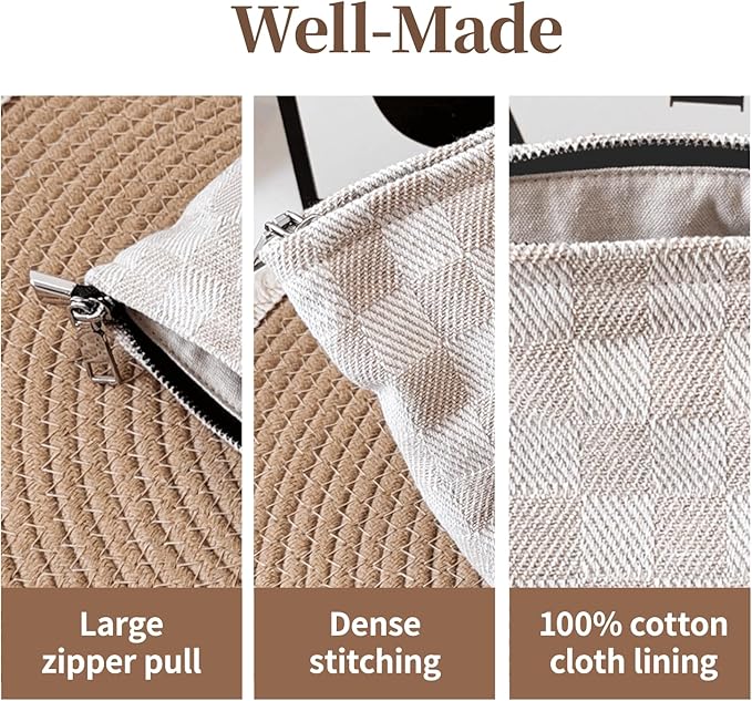Khaki Checkered Makeup Bag for Women, Canvas Cosmetic Bag with Zipper Lining, Travel Makeup Pouch for Purse, Travel Pouch for Toiletry, Cosmetic, Sunscreen, Hygiene, Skincare, SPF, Medicine, Sunblock