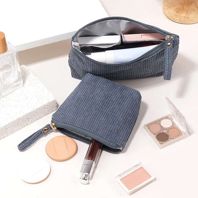 MAGEFY 2Pcs Makeup Bag Set, Cute Makeup Pouch for Purse Corduroy Travel Cosmetic Pouch for Women with Slip-in Pockets for Purse Essentials Accessories(Grey,Mini+Small)