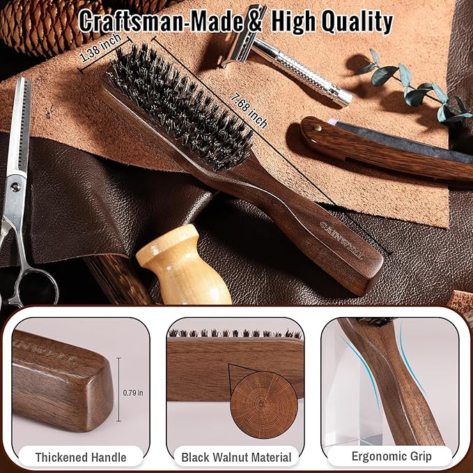 GAINWELL Mens Wild Boar Bristle Hair Brush for Men, Slick Back Hair Brush with Stiff Bristles for Thick Hair, Natural Black Walnut Wooden Handle Hairbrush, Beard Mustache Brush Comb