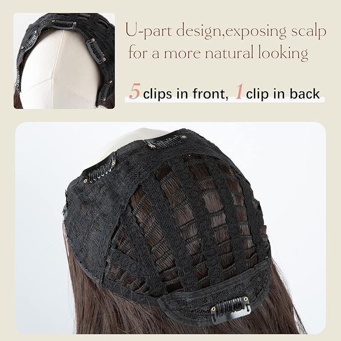 SARLA Clip in U Part Hair Extensions Synthetic Long Wavy Curly Thick Full Head Hairpiece for Women Black Brown 24 Inch
