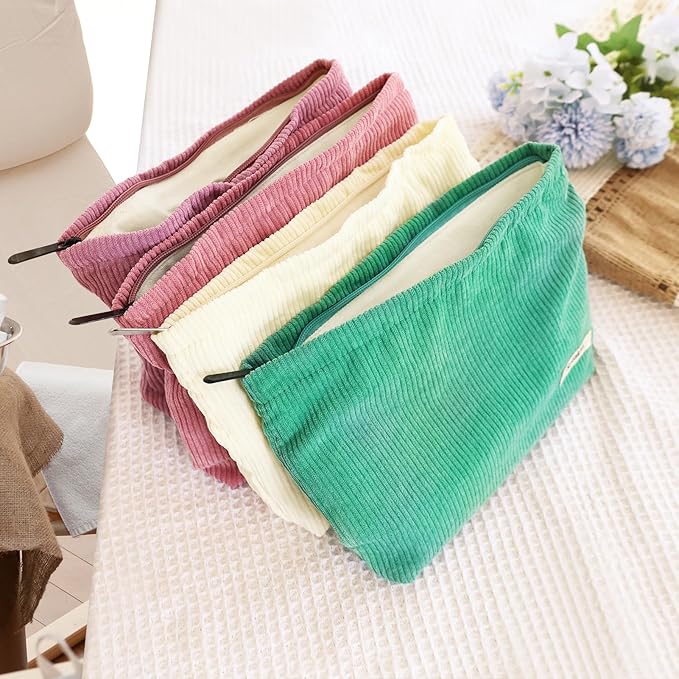 ZLFSQR Corduroy Makeup Bag for Women Small Corduroy Cosmetic Bag Large Cute Travel Makeup Pouch for Purse Pink Cloth Cosmetic Pouch Zipper Storage Organizer Canvas Toiletry Bags