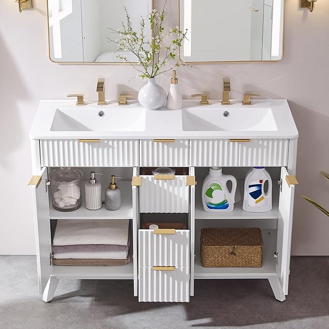 T4TREAM 48" Fluted Bathroom Vanity with Resin Sink Combo，Freestanding Modern Bathroom Storage Vanity Cabinet with Soft Closing Doors & 2 Drawers，Wood Grain Texture，Metal Handle，White